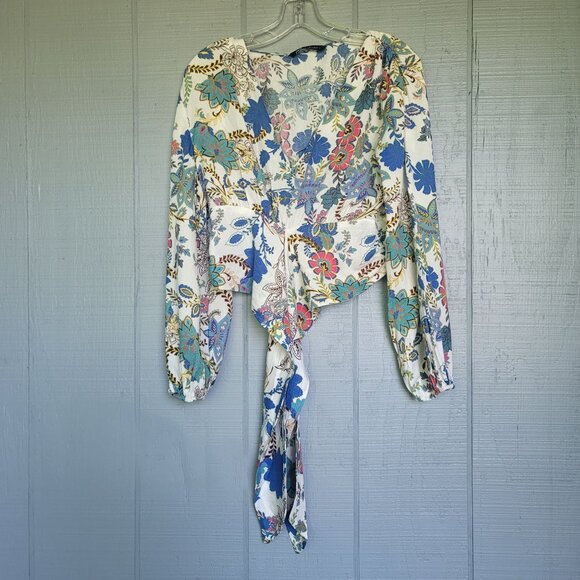 Zara Floral Print Long Puffed Balloon Sleeve  Tie Front Cropped Blouse . Size S - Picture 2 of 8